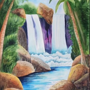 "Waterfall in the tr…" başlıklı Tablo Nataliya Gulina tarafından, Orijinal sanat, Suluboya