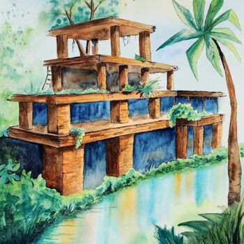 Ζωγραφική με τίτλο "Sunken temple" από Nataliya Gulina, Αυθεντικά έργα τέχνης, Ακουαρέλα