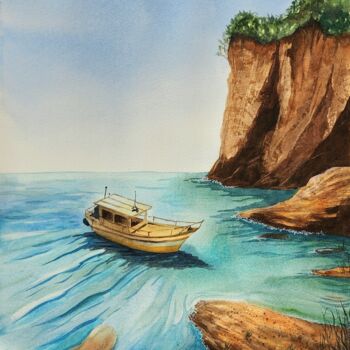 Painting titled "Boat in the bay" by Nataliya Gulina, Original Artwork, Watercolor