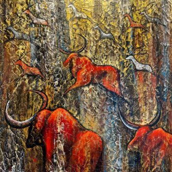 Schilderij getiteld "Painting with bulls…" door Nataliya Rozhdestvenskaya, Origineel Kunstwerk, Acryl