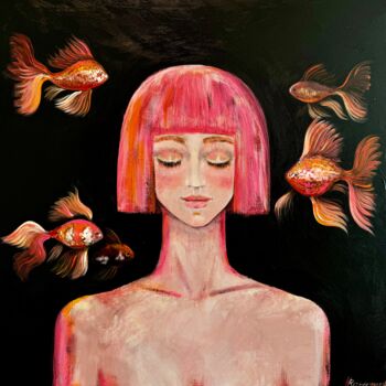 绘画 标题为“Girl with goldfish,…” 由Nataliya Rozhdestvenskaya, 原创艺术品, 丙烯