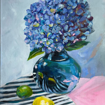Malarstwo zatytułowany „Hydrangea Still Life” autorstwa Natalja Dibanina, Oryginalna praca, Akryl Zamontowany na Drewniana r…