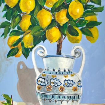 Pittura intitolato "Potted Lemon Tree" da Natalja Dibanina, Opera d'arte originale, Acrilico Montato su Telaio per barella i…