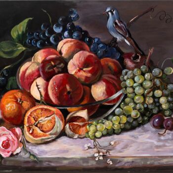 Картина под названием "Peaches Still Life" - Natalja Dibanina, Подлинное произведение искусства, Акрил Установлен на Деревян…