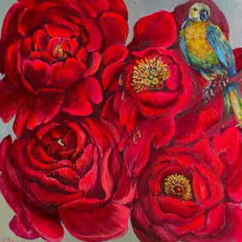 Pittura intitolato "Flowers with Parrot" da Natalja Dibanina, Opera d'arte originale, Acrilico Montato su Telaio per barella…