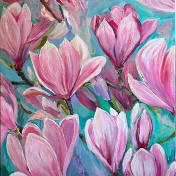 Pintura titulada "Magnolia Bloom" por Natalja Dibanina, Obra de arte original, Acrílico Montado en Bastidor de camilla de ma…