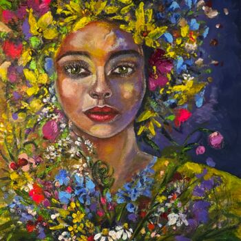 Painting titled "Portrait of Woman" by Natalja Dibanina, Original Artwork, Acrylic Mounted on Wood Stretcher frame