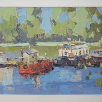 Schilderij getiteld "River boats" door Natalya Egorova, Origineel Kunstwerk, Olie