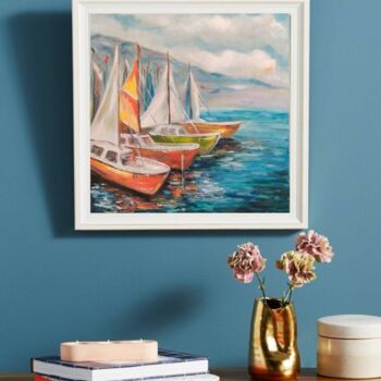 Painting titled "#Yachts, sea, mount…" by Natalya Mitrofanova, Original Artwork, Oil Mounted on Wood Panel