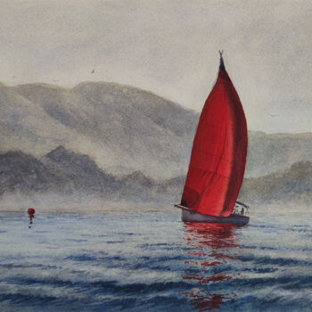 Peinture intitulée "Red buoy" par Natalia Nesterova, Œuvre d'art originale, Aquarelle