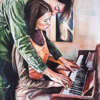 Painting titled "You, me and Piano" by Natalya Ozerova (Natasha Oz), Original Artwork, Watercolor