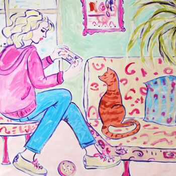 Schilderij getiteld "Girl with Cat Origi…" door Natalya Volynska, Origineel Kunstwerk, Acryl