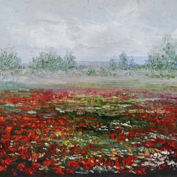 Painting titled "Poppy field" by Natalia Cherepovich, Original Artwork, Oil