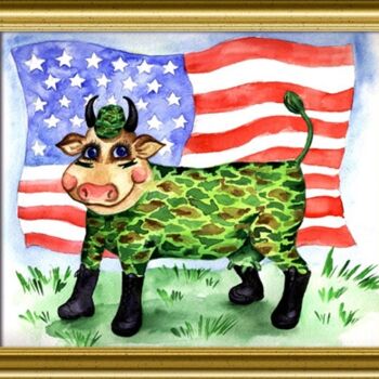 Painting titled "Military Cow" by Natasha Sazonova, Original Artwork