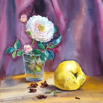 Pintura intitulada "Autumn rose" por Natasha Sokolnikova, Obras de arte originais, Aquarela Montado em Cartão