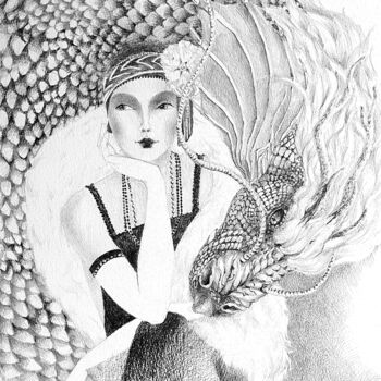 제목이 "Lady and dragon"인 그림 Natasha Sokolnikova로, 원작, 연필 나무 들것 프레임에 장착됨