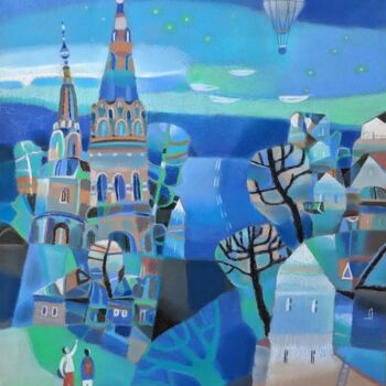Peinture intitulée "Blue landscape with…" par Natasha Svetelshchuk, Œuvre d'art originale, Pastel