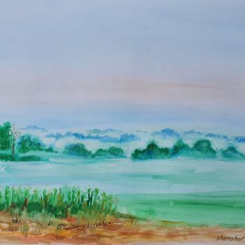 Ζωγραφική με τίτλο "Morning fog summer." από Nata Shemshur, Αυθεντικά έργα τέχνης, Ακουαρέλα