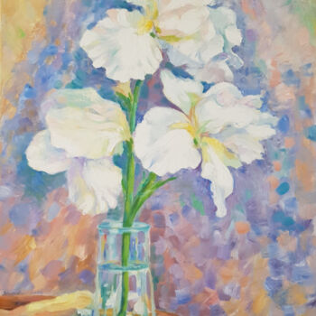 Schilderij getiteld "White Irises" door Nata Shemshur, Origineel Kunstwerk, Olie