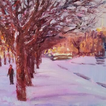 Painting titled "January. Twilight" by Natalya Timchenko, Original Artwork, Oil Mounted on Wood Stretcher frame