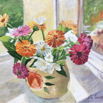绘画 标题为“Bouquet de zinnias” 由Nathalie De Courrèges, 原创艺术品, 丙烯