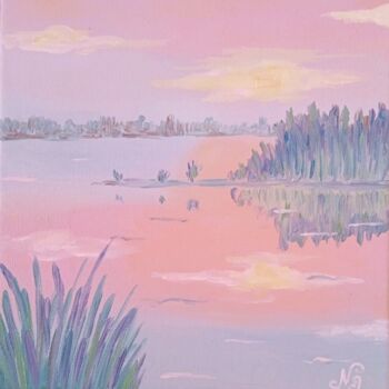 Painting titled "Lake Landscape Oil…" by Natelly Gree, Original Artwork, Oil