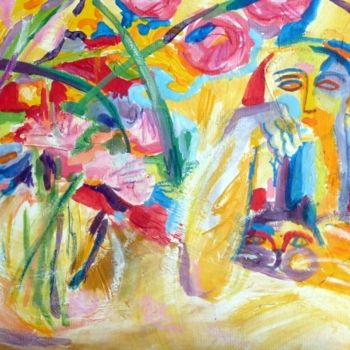 Peinture intitulée ""Fleurs Femme Chat"…" par Nath Chauve Crepel Flory, Œuvre d'art originale, Acrylique