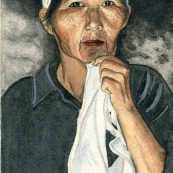 Pintura intitulada "Vieille femme au to…" por Nathalie Bernard, Obras de arte originais, Aquarela