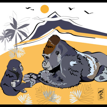 Arts numériques intitulée "Gorille songeur, mo…" par Nathalie Bourré (TinaRebou), Œuvre d'art originale, Travail numérique 2…