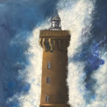 Painting titled "Phare du four" by Nathalie Brinon, Original Artwork, Oil Mounted on Wood Stretcher frame