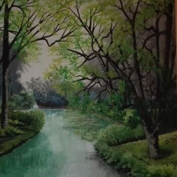 Painting titled "Rivière verte" by Nathalie Choury, Original Artwork, Oil Mounted on Wood Stretcher frame