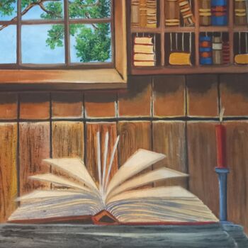 Painting titled "Le livre ouvert" by Nathalie Choury, Original Artwork, Oil Mounted on Wood Stretcher frame