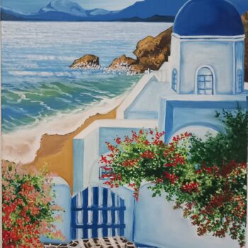 Painting titled "Maison de Grèce" by Nathalie Choury, Original Artwork, Oil Mounted on Wood Stretcher frame