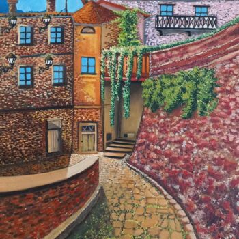 Painting titled "Façades de maisons…" by Nathalie Choury, Original Artwork, Oil Mounted on Wood Stretcher frame