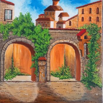 Painting titled "Arcades ensoleillées" by Nathalie Choury, Original Artwork, Oil Mounted on Wood Stretcher frame
