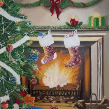 Peinture intitulée "La cheminée de  Noël" par Nathalie Choury, Œuvre d'art originale, Huile Monté sur Châssis en bois