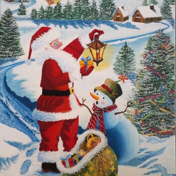 Peinture intitulée "Le Père Noël avec u…" par Nathalie Choury, Œuvre d'art originale, Huile Monté sur Châssis en bois