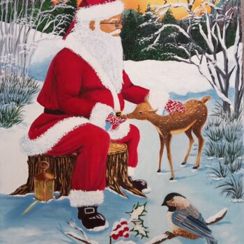 Ζωγραφική με τίτλο "Le Père Noël dans l…" από Nathalie Choury, Αυθεντικά έργα τέχνης, Λάδι Τοποθετήθηκε στο Ξύλινο φορείο σκ…