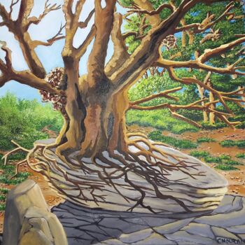 Painting titled "Arbre sur un rocher" by Nathalie Choury, Original Artwork, Oil Mounted on Wood Stretcher frame