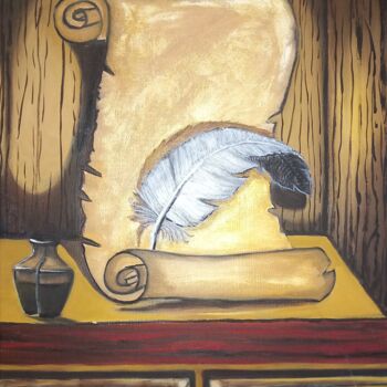 Peinture intitulée "Parchemin et sa plu…" par Nathalie Choury, Œuvre d'art originale, Huile Monté sur Châssis en bois