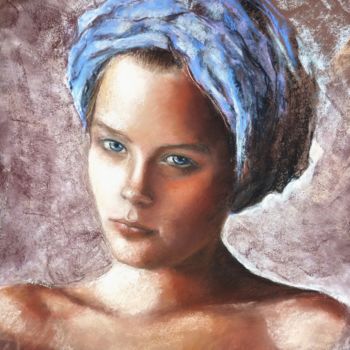 Drawing titled ""Le Turban bleu"" by Nathalie Coquel Duvillier, Original Artwork, Pastel