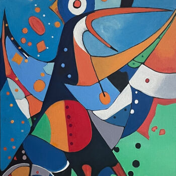 Картина под названием "L'Oiseau Clown" - Nathalie De Voogd, Подлинное произведение искусства, Масло Установлен на Деревянная…