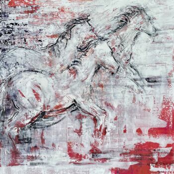 Painting titled "les chevaux" by Nathalie Grange, Original Artwork, Acrylic Mounted on Wood Stretcher frame