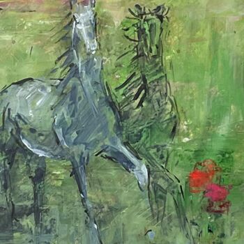 Painting titled "chevaux et fleurs" by Nathalie Grange, Original Artwork, Acrylic Mounted on Wood Stretcher frame