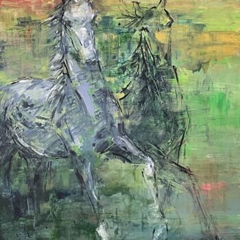 Painting titled "les chevaux 3" by Nathalie Grange, Original Artwork, Acrylic Mounted on Wood Stretcher frame
