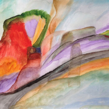 Painting titled "Red Mountain" by Nathalie Gribinski, Original Artwork, Watercolor