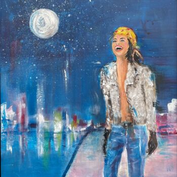 Painting titled "Happy Moon" by Nathalie Joulin, Original Artwork, Acrylic Mounted on Cardboard