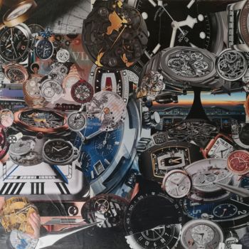 Collages getiteld "Collage Le Temps" door Nathalie Le Hesran, Origineel Kunstwerk, Papier Gemonteerd op Frame voor houten br…