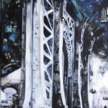 Painting titled "Iron bridge" by Nathalie Lemaitre, Original Artwork, Oil Mounted on Wood Stretcher frame