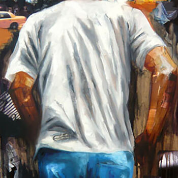 Ζωγραφική με τίτλο "Marathon man" από Nathalie Lemaitre, Αυθεντικά έργα τέχνης, Λάδι Τοποθετήθηκε στο Ξύλινο φορείο σκελετό